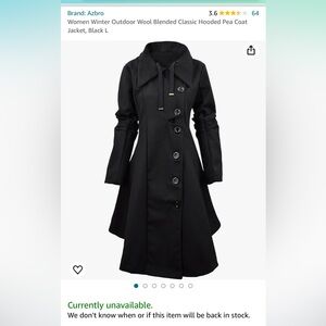 Azbro Women Winter Outdoor Wool Blended Classic Hooded Pea Coat Jacket, Black L